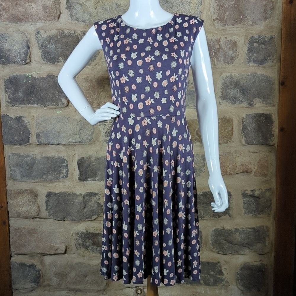 LOFT Women's Purple Floral Sleeveless Fit and Flare Dress V-Back Tie Small